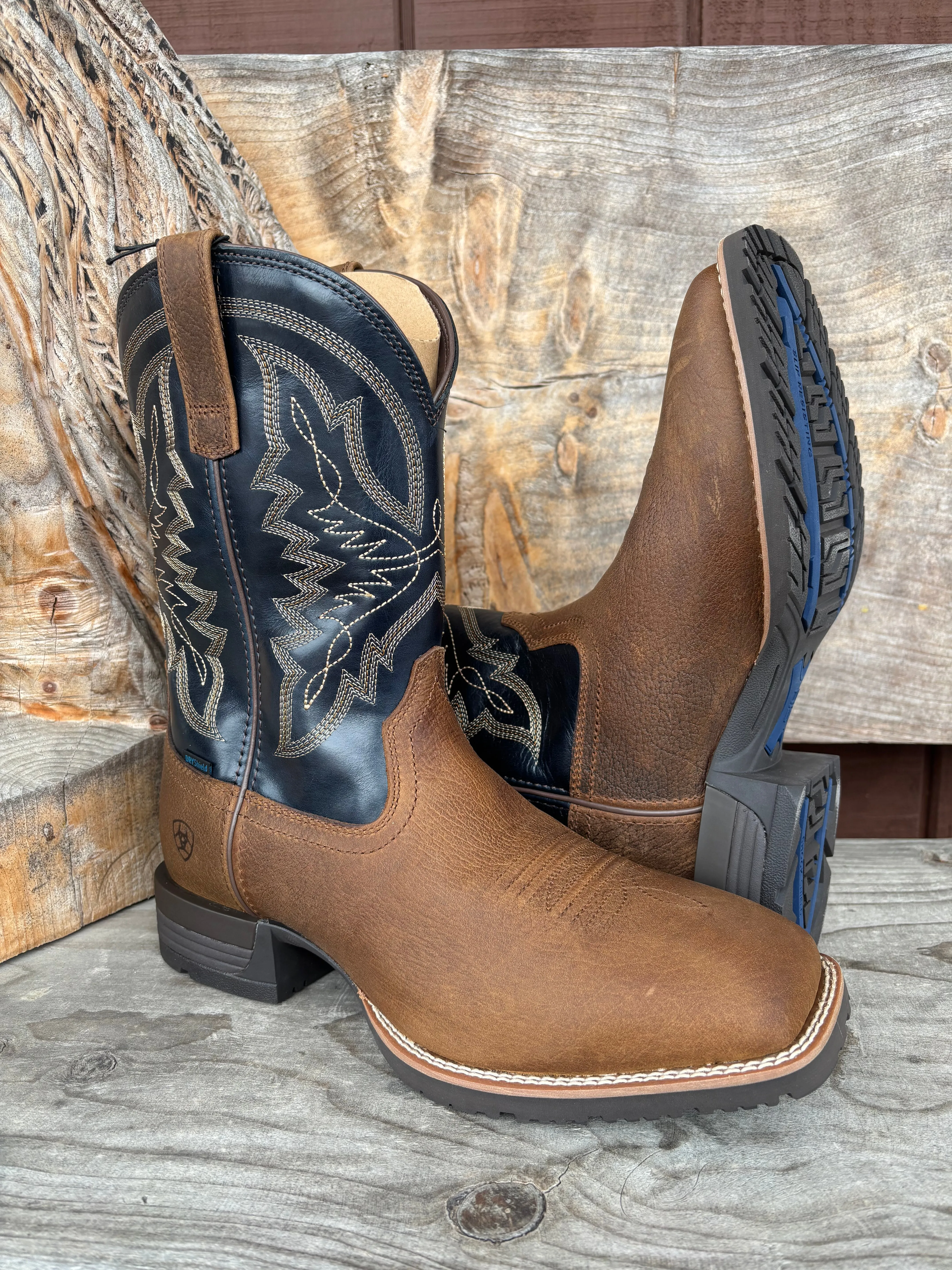 Ariat Men's Taupe & Dark Denim Hybrid Ranchwork H2O Wide Square Toe Cowboy Boots 10061232