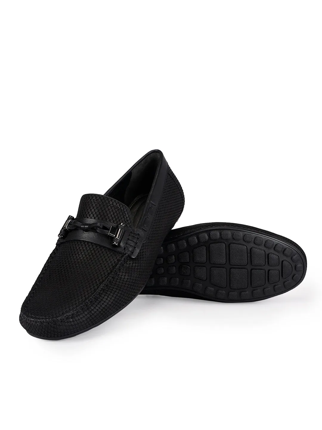 Black Printed Leather Moccasins