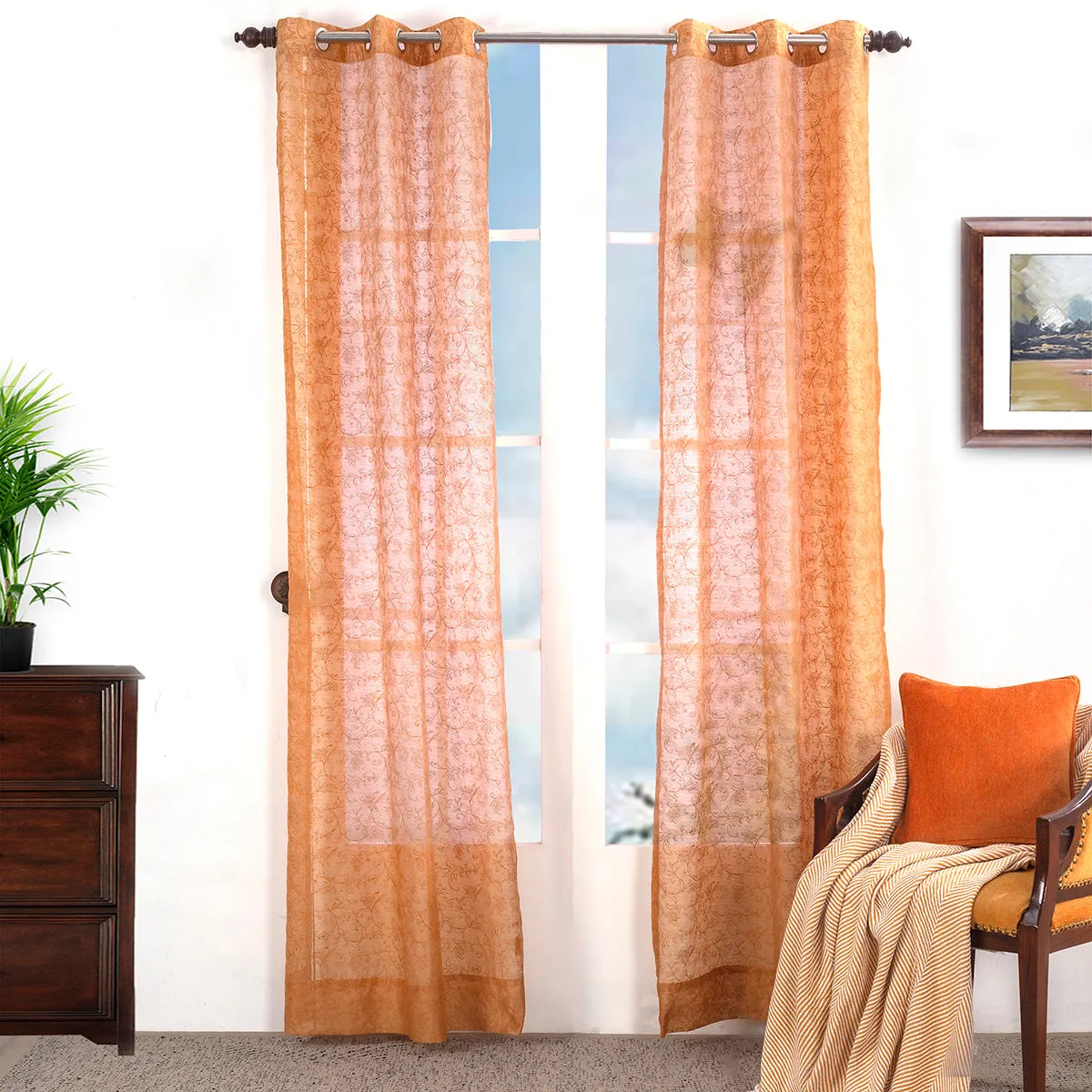 Chintz Leaves Embroidered 2PC Orange Curtain Set