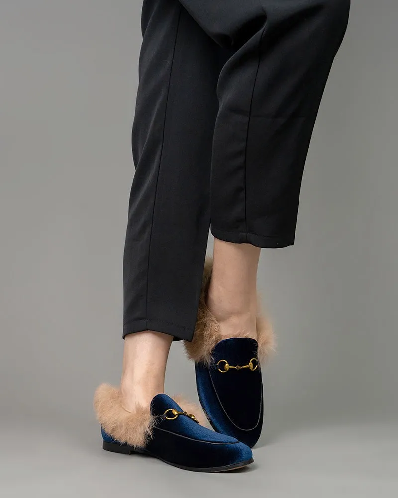 Classic Horsebit Velvet Fur Flat Loafers