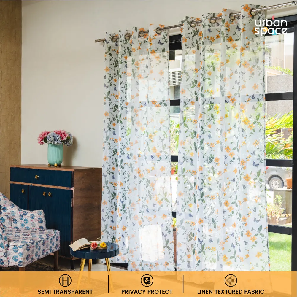 Digital Printed, Linen textured Sheer Curtain for Living Room , Curtain for Window/Door, Pack of 2 Curtains - Floral Yellow