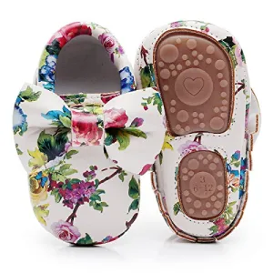 HONGTEYA Baby Moccasins with Rubber Sole - Flower Print PU Leather Tassel Bow Girls Ballet Dress Shoes for Toddler (0-6 Months/US 3.5/4.33''/See Size Chart, Bow&Flower)