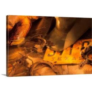 "Cowboy boots with hat and spurs on Texas license plate" Canvas Wall Art