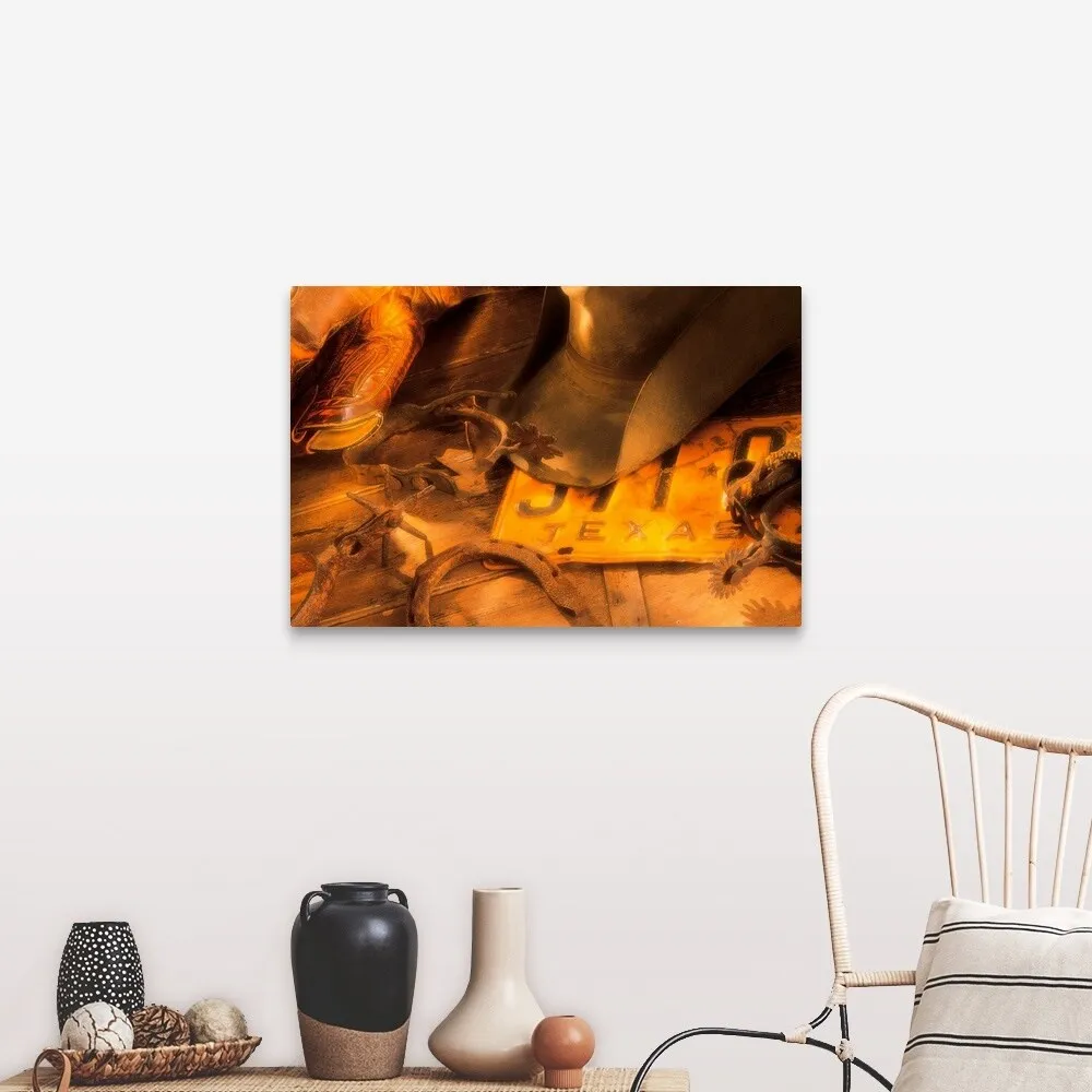 "Cowboy boots with hat and spurs on Texas license plate" Canvas Wall Art