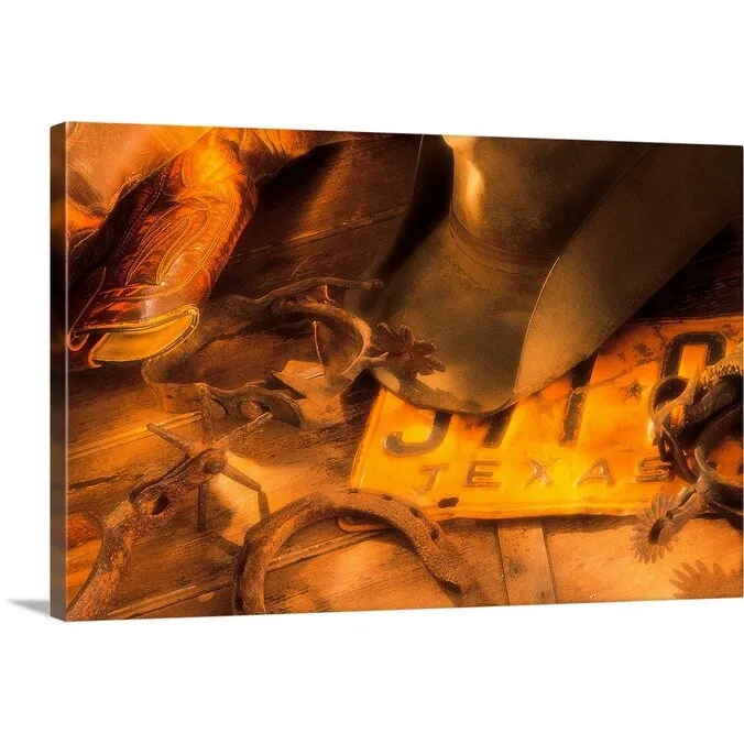 "Cowboy boots with hat and spurs on Texas license plate" Canvas Wall Art