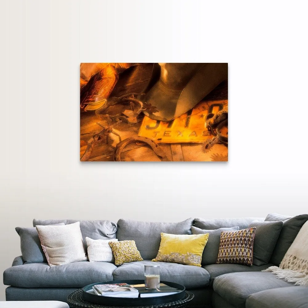 "Cowboy boots with hat and spurs on Texas license plate" Canvas Wall Art