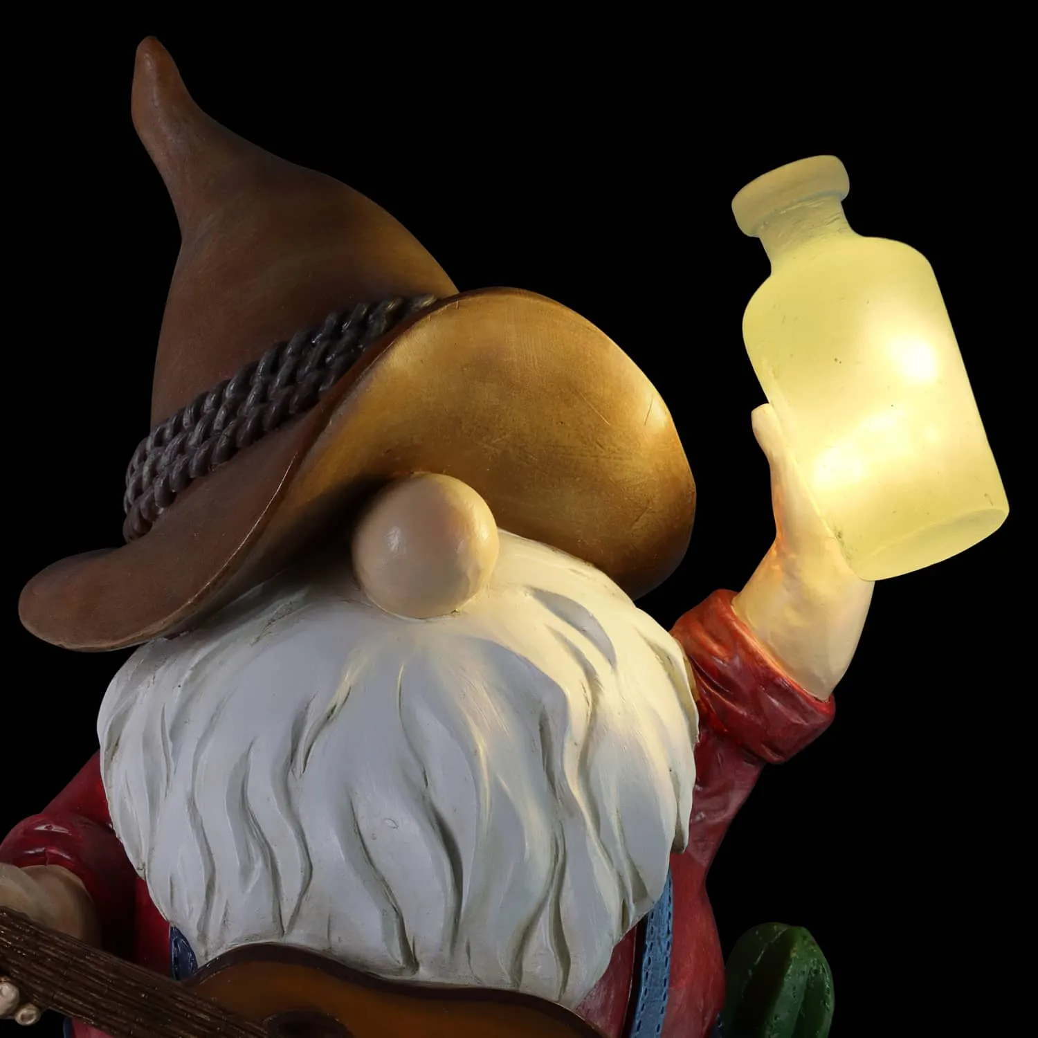 Solar Cowboy Gnome Statue with Guitar and Glowing Bottle, 9 x 5 x 11 Inches