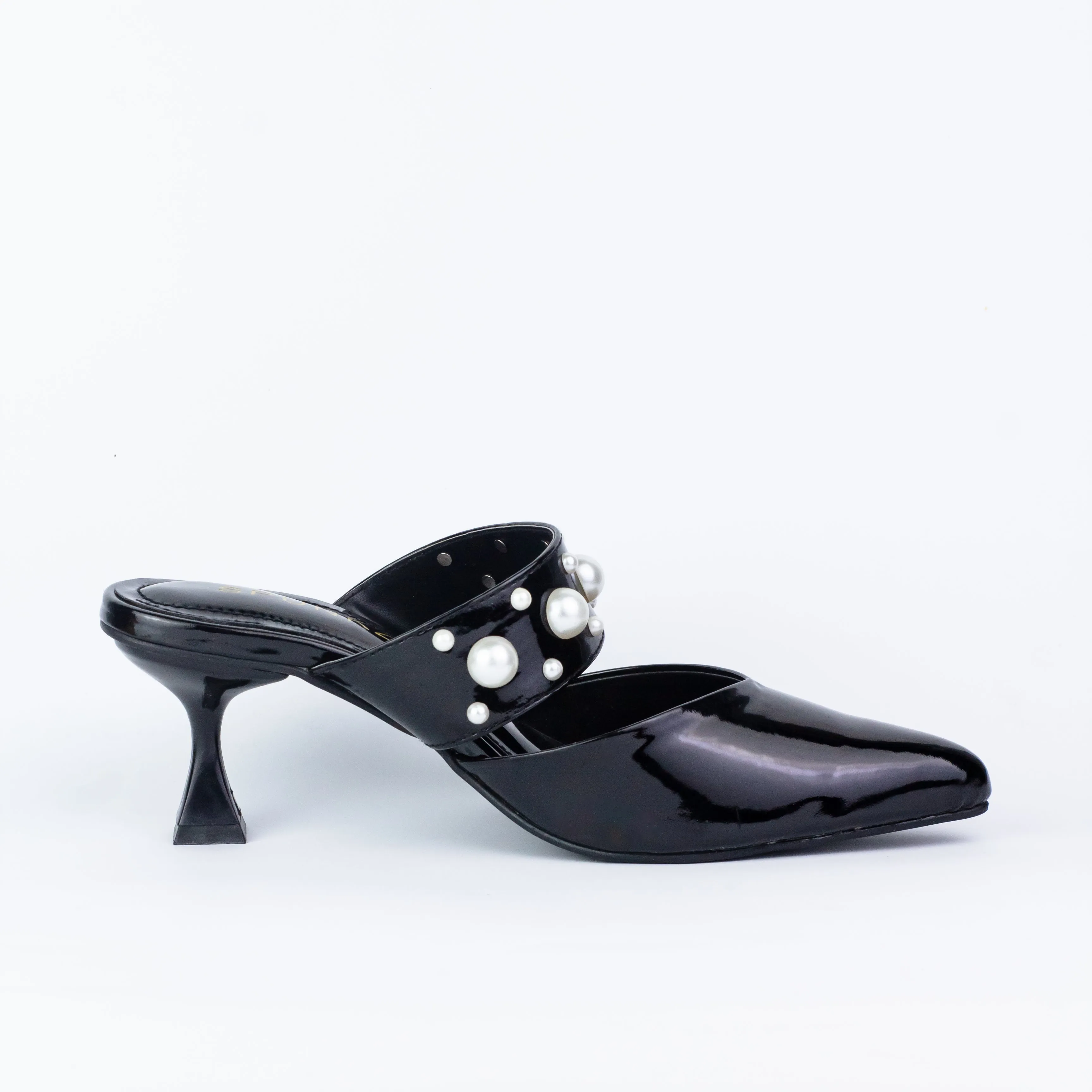 Spunkz Shiny Black Pearls Decor Pointed Toe Open Back Mules