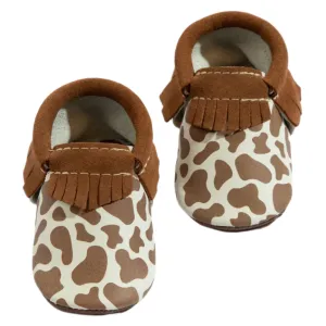 Suede Cow Print Moccasin Baby Shoe